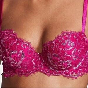 NWT Berry Pink Silver Lace Dream Angels Victorias Secret Lined Demi UW Bra 34D